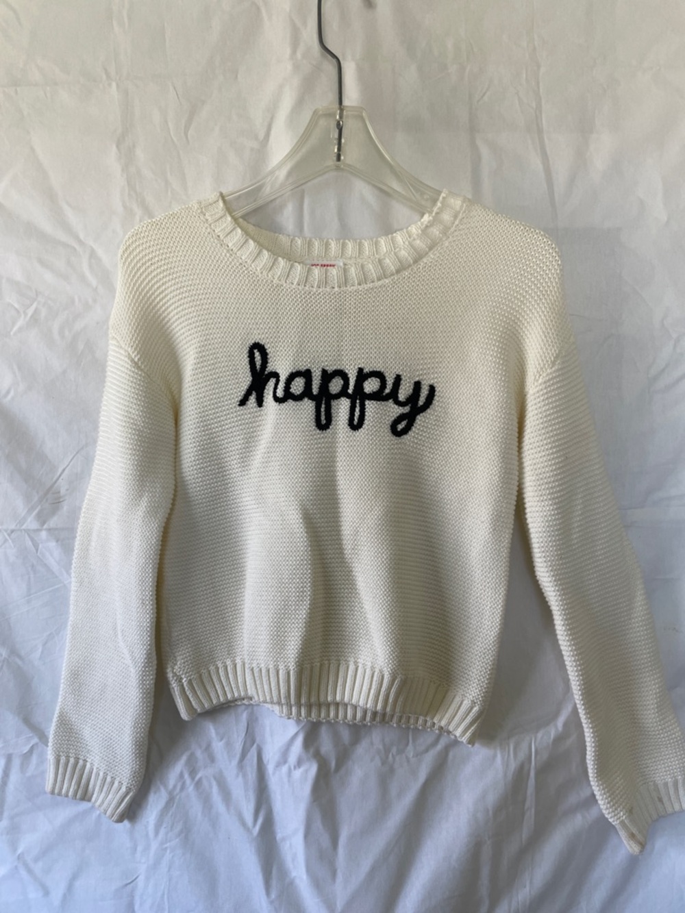 Joe Fresh Cream Crewneck Sweater with Black 'happy' Script